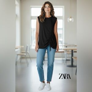 NWOT, ZARA, Fitted Tunic With Ruched Detailing & Laces, Small, Black